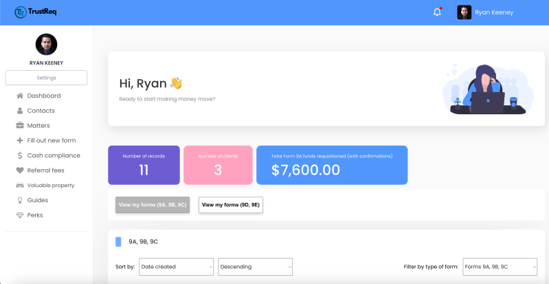 TrustReq Dashboard showing Cash Compliance navigation