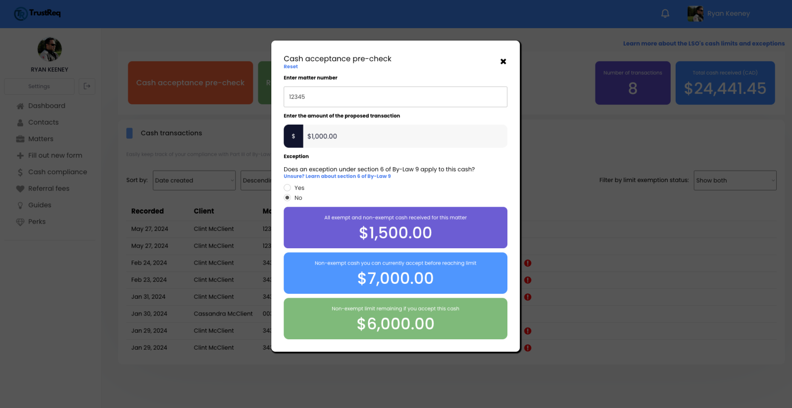 Cash acceptance pre-check popup showing matter selection and calculation