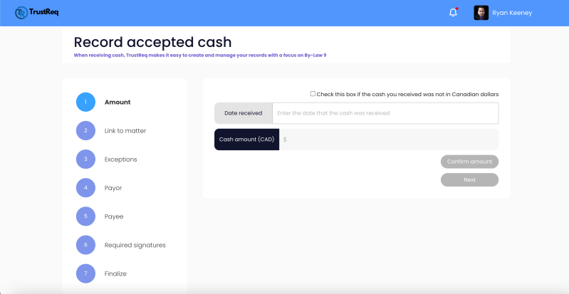 Step 1 - Recording the cash amount and date received