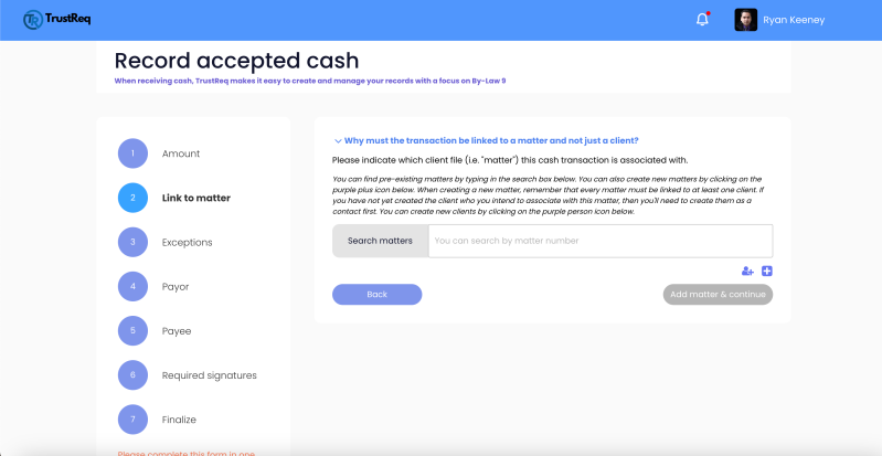 Step 2 - Linking the transaction to a client matter