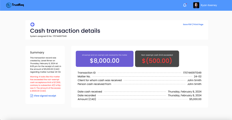 Managing cash transactions - transaction details page